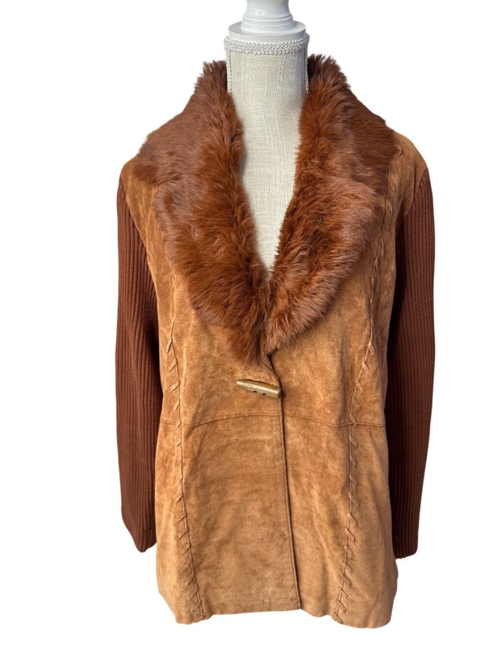 Peter Nygard Brown Suede Jacket W/ Knit Sleeves & Dyed Rabbit Fur Collar Size L